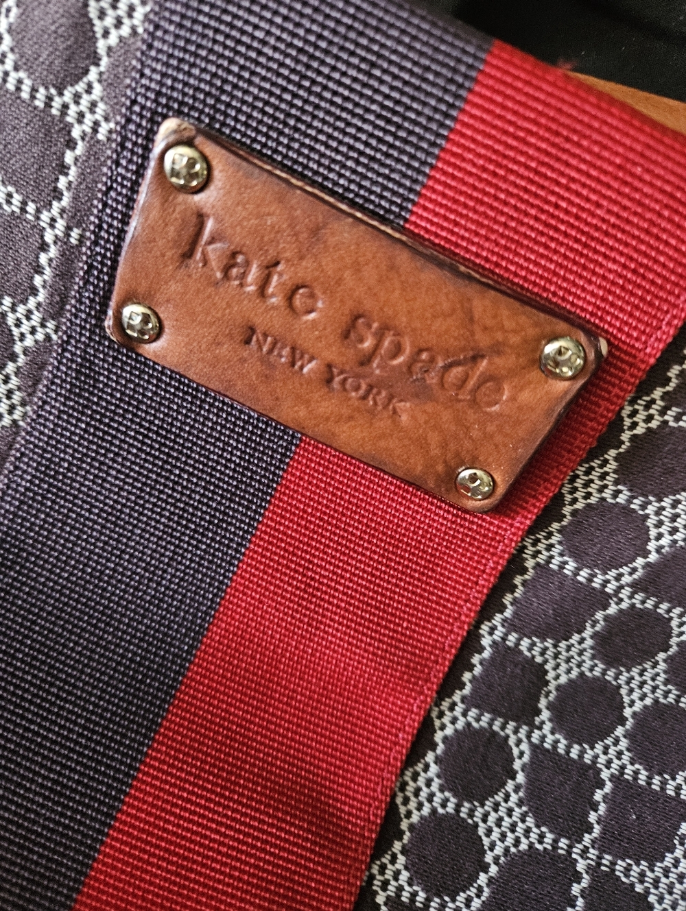 Kate Spade Noel Dot Jacquard Tote Bag Brown Red Stripe Leather Trim - Picture 10 of 10